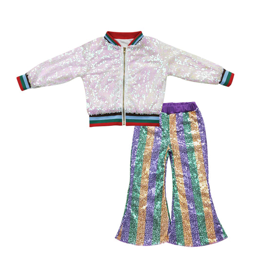 Baby Girls White Sequin Jackets Gold Sequin Bell Pants 2pcs Clothing Sets