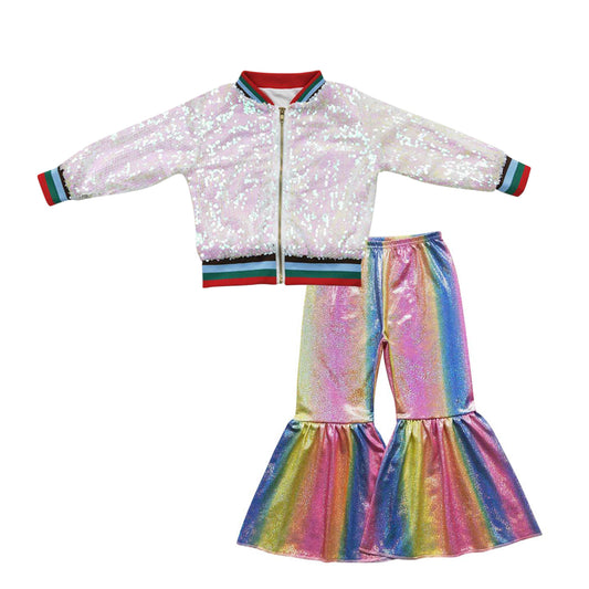 Baby Girls White Sequin Jackets Colorful Bell Pants 2pcs Clothing Sets