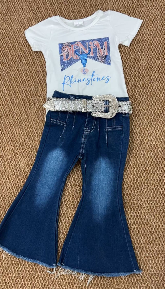 Baby Girls Rhinestone Shirt Bleached Bell Denim Pants clothes sets(can choose belt here)