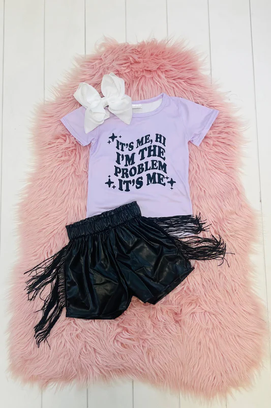 Baby Girls Purple Singer Problem Shirts Tassel Leather Shorts Clothes Sets
