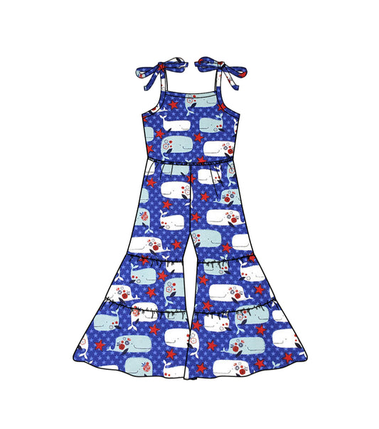 Baby Girls 4th Of July Whale Straps Bell Pants Jumpsuits preorder(moq 5)