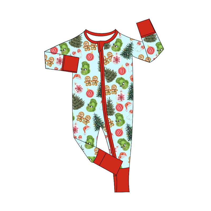 Preorder(moq 5)Baby Girls Christmas Trees Gingerbread Frogs Zipper Footie Rompers