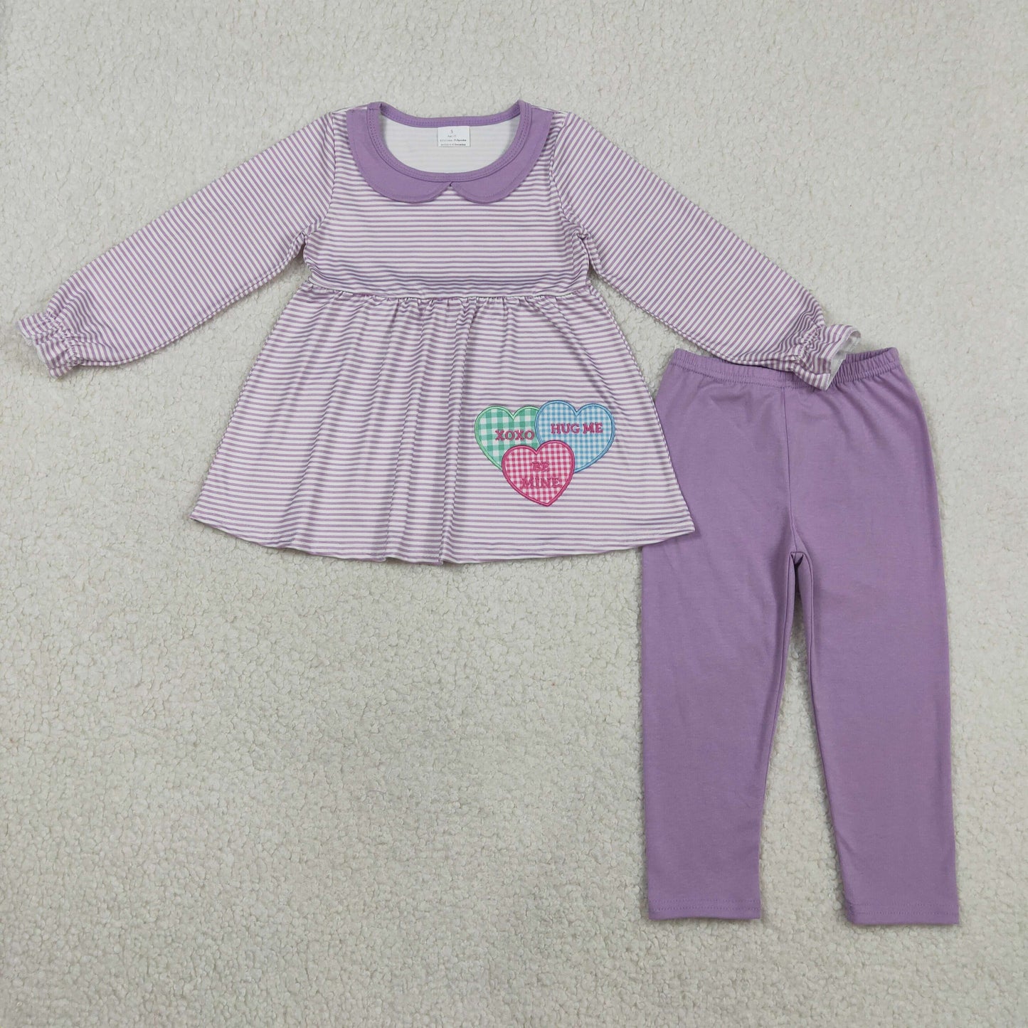Embroidery XOXO Hearts Baby Girls Stripe Collar Tunic Leggings Valentines Clothes Set