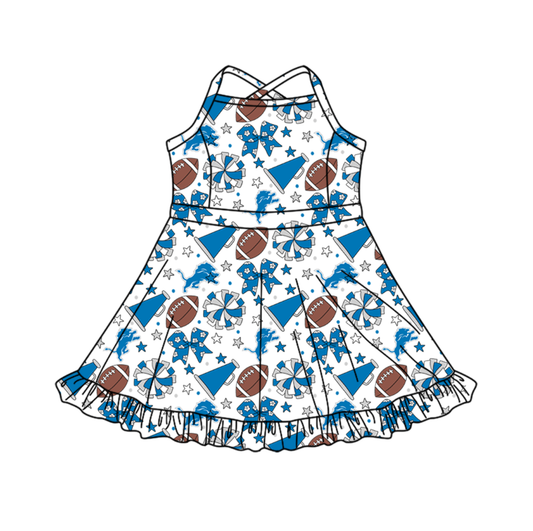 Preorder (moq 5)Baby Girls Strap Bows Stars Footballs Team Shorts Ruffle Knee Length Dress