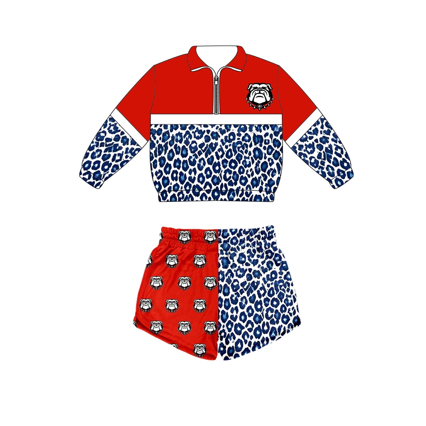Preorder (moq 5)Baby Boys Blue Leopard Zip Bulldogs Pullovers Top Short Team Clothes Set