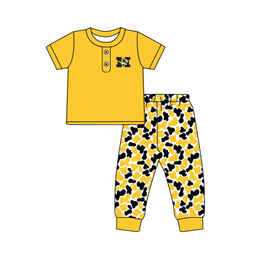 Preorder (moq 5)Baby Boys Yellow M Tiger Button Top Camo Pants Team Clothes Sets