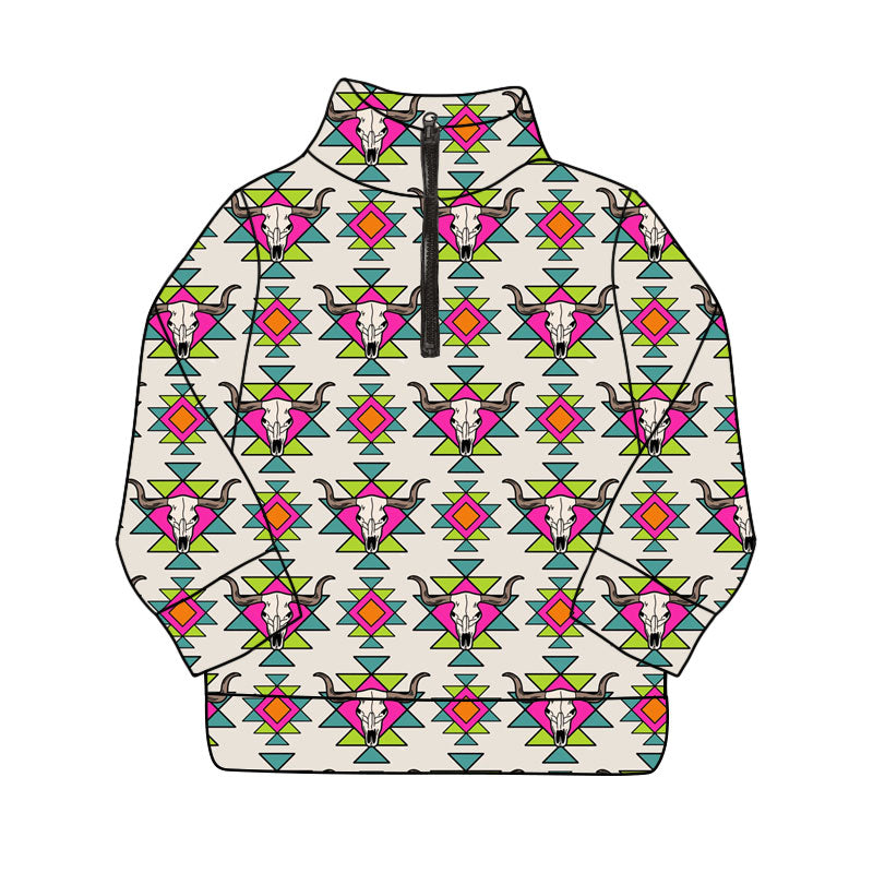 Preorder(moq 8)Baby Boys Long Sleeve Aztec Bull Skulls Western Zipper Pullovers Top