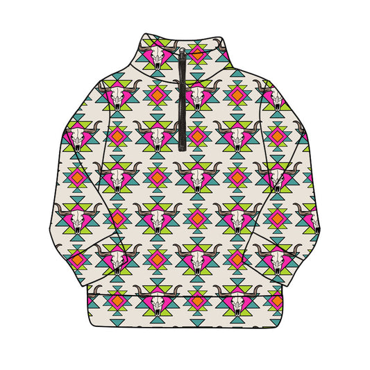 Preorder(moq 8)Baby Boys Long Sleeve Aztec Bull Skulls Western Zipper Pullovers Top