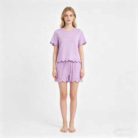 Adult Women Pink Short Sleeve Top Pockets Short Cotton Scallop Clothes Set