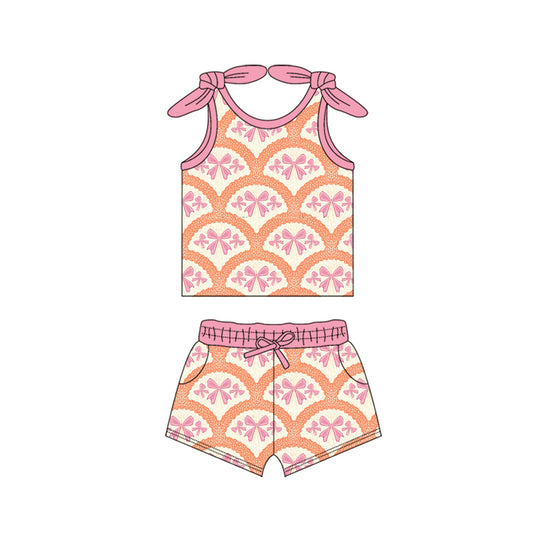 Preorder moq 5 Baby Girls Bows Sleeveless Bows Plaid Top Pockets Short Set