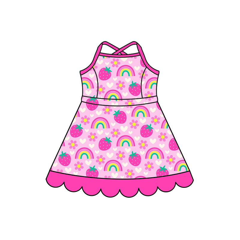 Preorder (moq 5)Baby Girls Strap Strawberry Rainbow Flowers Scallop Knee Length Dress