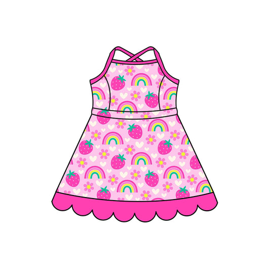 Preorder (moq 5)Baby Girls Strap Strawberry Rainbow Flowers Scallop Knee Length Dress