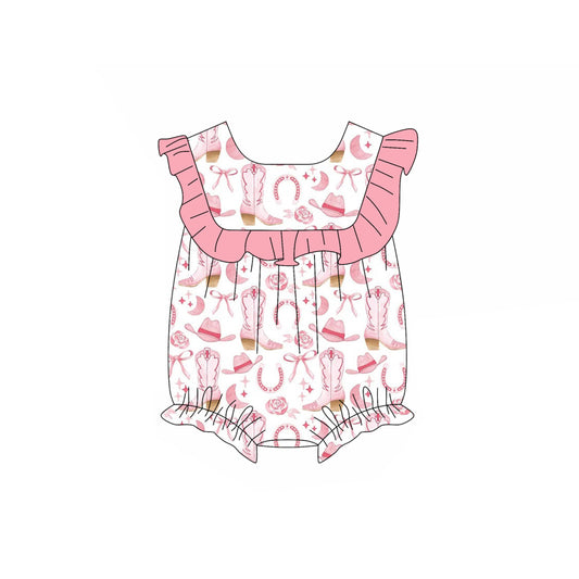 Preorder(moq 5)Baby Infant Girls Pink Ruffle Sleeveless Boots Bows Rompers