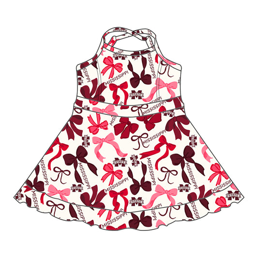 Preorder (moq 5)Baby Girls Red Strap Bows Plaid M State Shorts Ruffle Team Knee Length Dresses