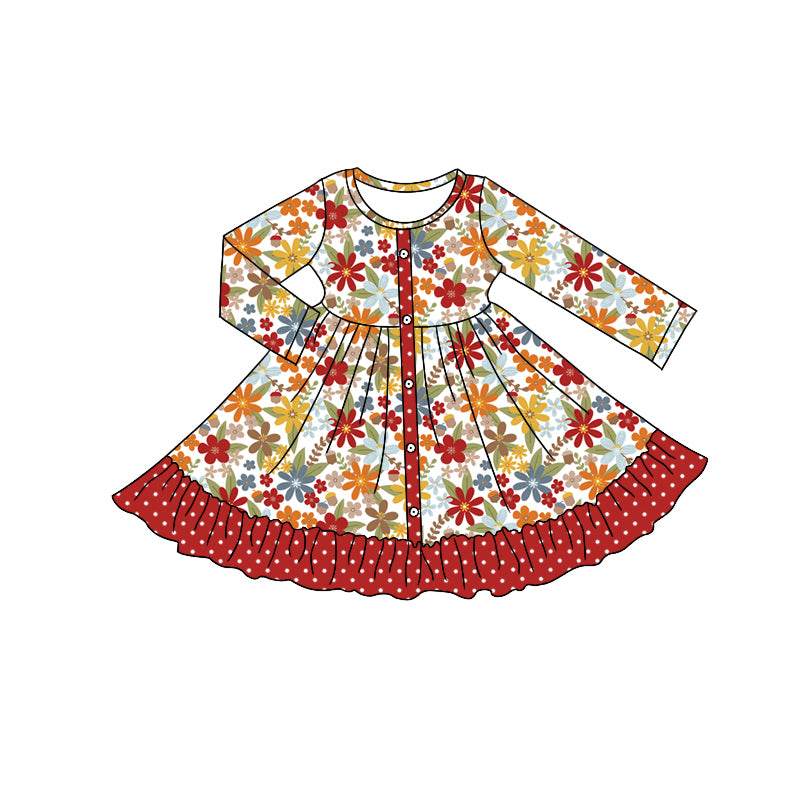 Preorder moq 5 Baby Girls Long Sleeves Red Yellow Flowers Button Ruffle Knee Length Dresses