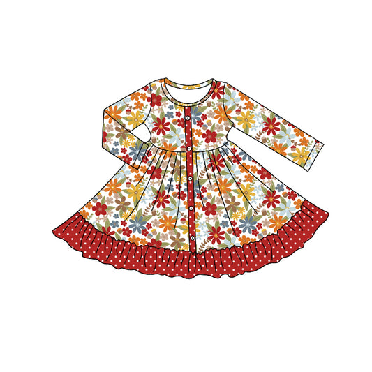 Preorder moq 5 Baby Girls Long Sleeves Red Yellow Flowers Button Ruffle Knee Length Dresses