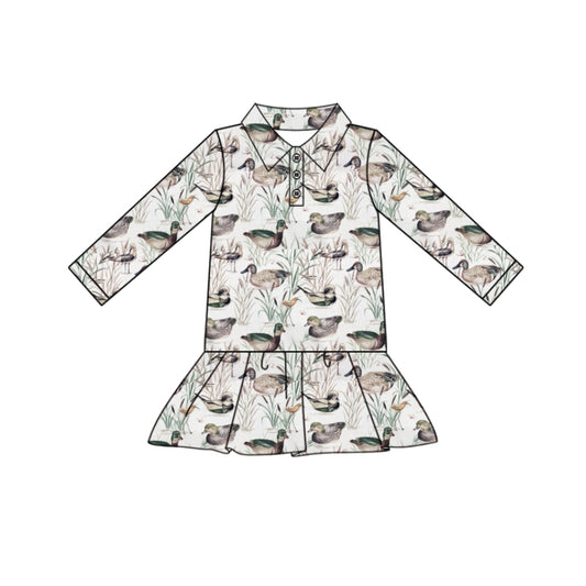 Preorder (moq 5)Baby Girls Long Sleeve Ducks Button Hunting Knee Length Dresses