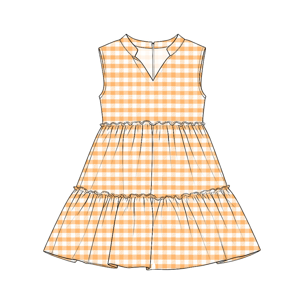 Preorder (moq 5) Girls’ Sleeveless Tiered Dresses, Orange & White Plaid Collared V-Neck Ruffle Dress