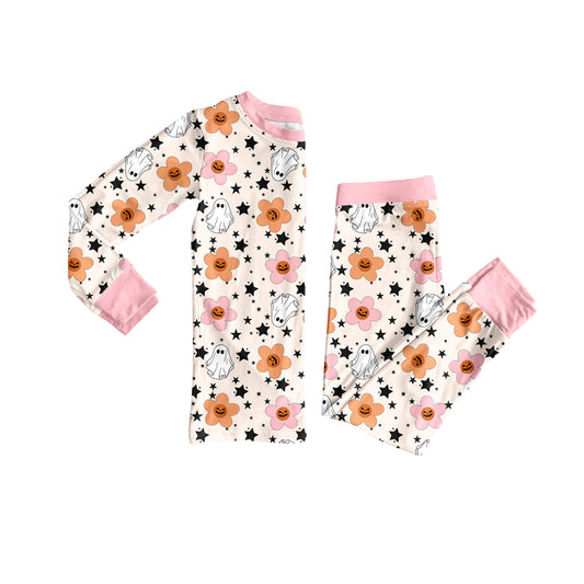 Preorder (moq 5)Baby Girls Ghost Flowers Top Pant Halloween Pajamas Set