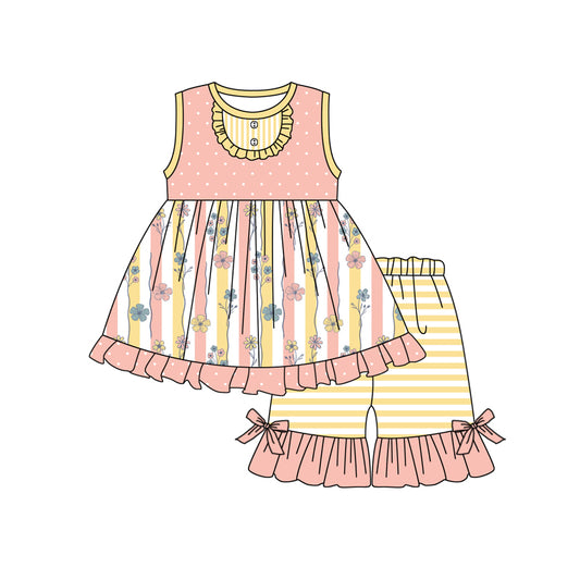 Preorder (moq 5)Baby Girls Pink Yellow Flowers Tunic Top Ruffle Shorts Clothes Sets