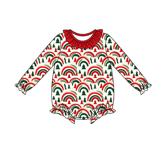 Preorder (moq 5)Baby Girls Long Sleeve Trees Rainbows Christmas Ruffle Rompers