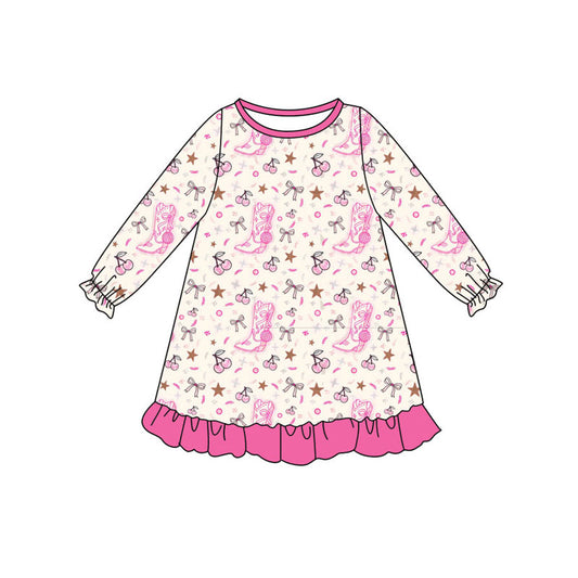 Preorder (moq 5)Baby Girls Pink Boots Cheers Ruffle Knee Length Dresses