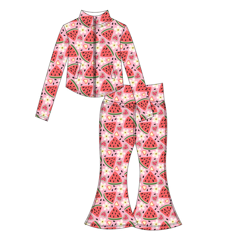Preorder moq 10 Baby Girls Watermelons Long Sleeves Flowers Plaid Pockets Zipper Top Bell Bottom Pant Activity Wear Yoga Set