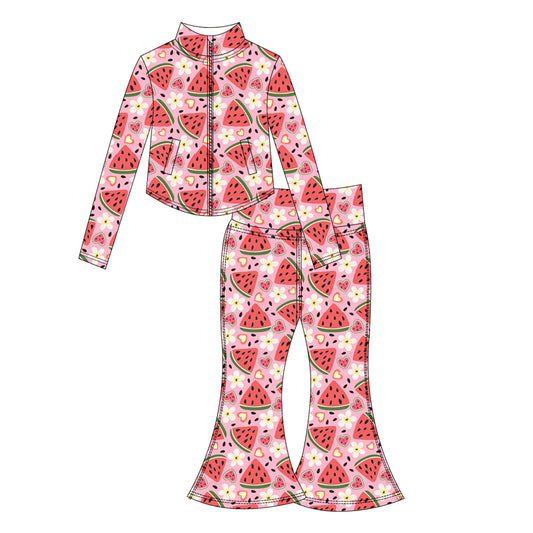 Preorder moq 10 Baby Girls Watermelons Long Sleeves Flowers Plaid Pockets Zipper Top Bell Bottom Pant Activity Wear Yoga Set