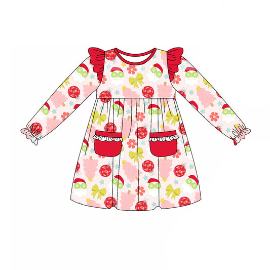 Preorder (moq 5)Baby Girls Christmas Tree Santa Disco Pockets Ruffle Knee Length Dresses