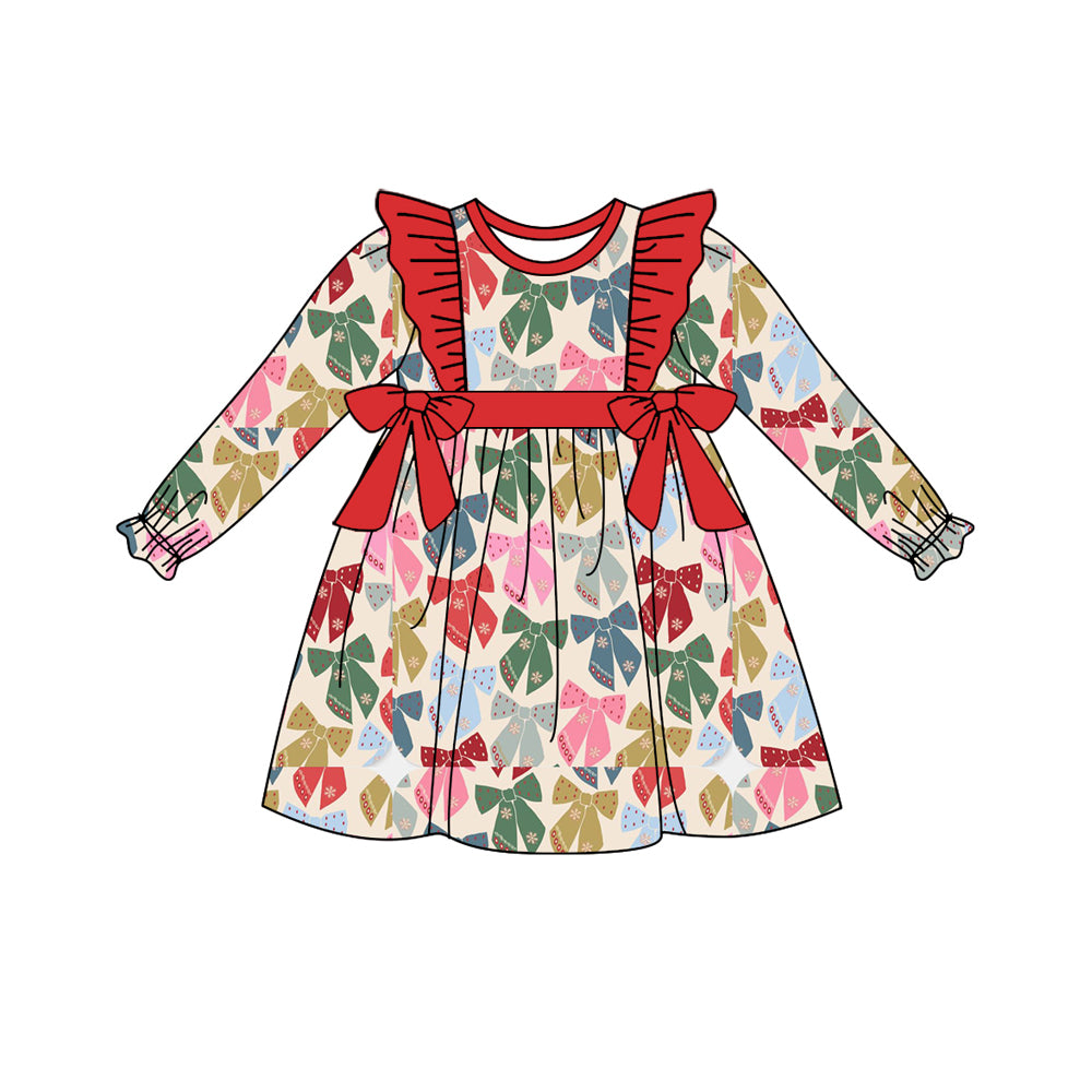 Preorder (moq 5)Baby Girls Long Ruffle Sleeves Colorful Bows Plaid Knee Length Dresses