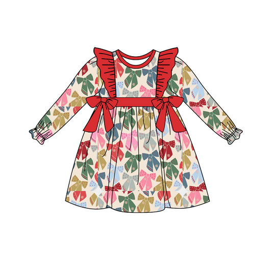 Preorder (moq 5)Baby Girls Long Ruffle Sleeves Colorful Bows Plaid Knee Length Dresses