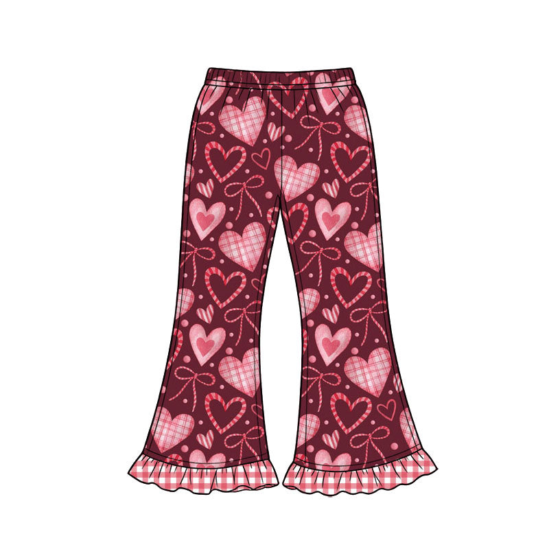 Preorder (moq 5) Baby Girl Clothes Burgundy Plaid Heart Bow Print Ruffle Hem Flare Pants