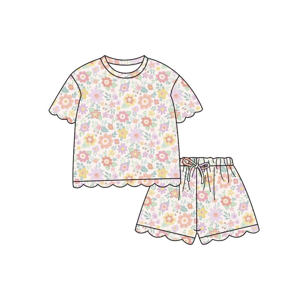 Preorder (moq 5)Baby Girls Colorful Daisy Flowers Top Scallop Shorts Clothes Sets