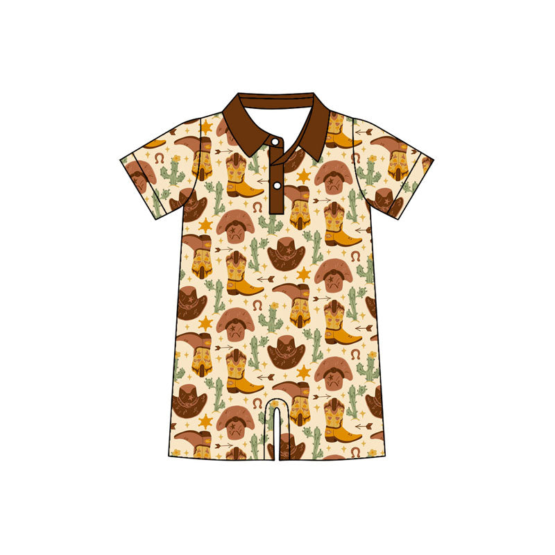 Preorder (moq 5)Baby Boys Short Sleeve Cactus Boots Button Shorts Western Rompers