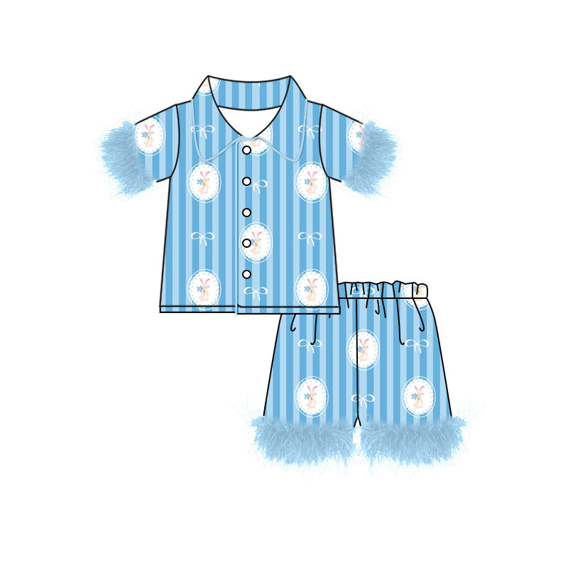Preorder (moq 5) Baby Girl Clothes Easter Bunny Circle Bow Blue Stripe Print Short Sleeve Feather Trim Pajama Short Set