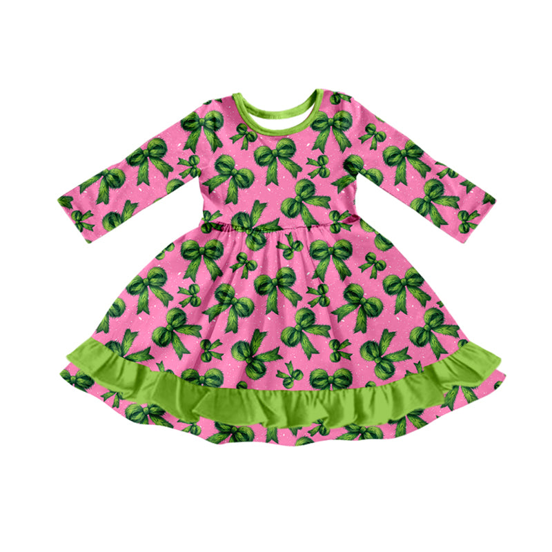 Preorder(moq 5) Baby Girls Long Sleeves Green Bows Plaid Ruffle Knee Length Dresses