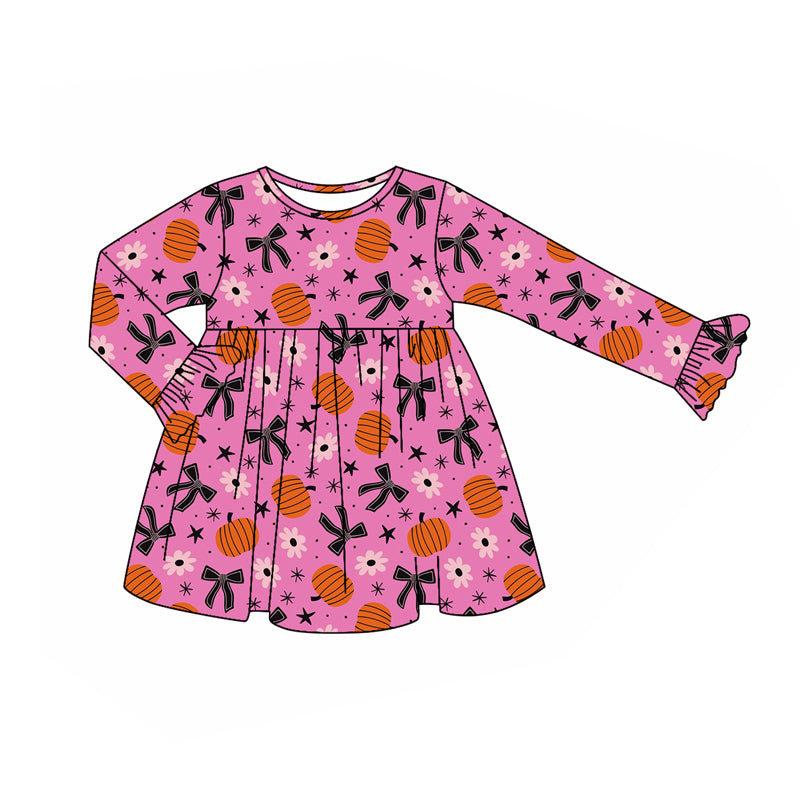 Preorder (moq 5)Baby Girls Bows Pumpkins Plaid Fall Knee Length Dresses