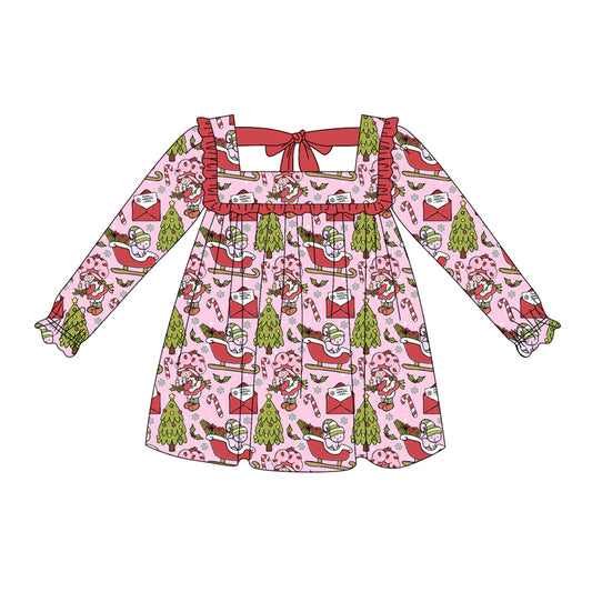 Preorder (moq 5)Baby Girls Pink Long Ruffle Sleeves Candy Cane Trees Knee Length Dresses