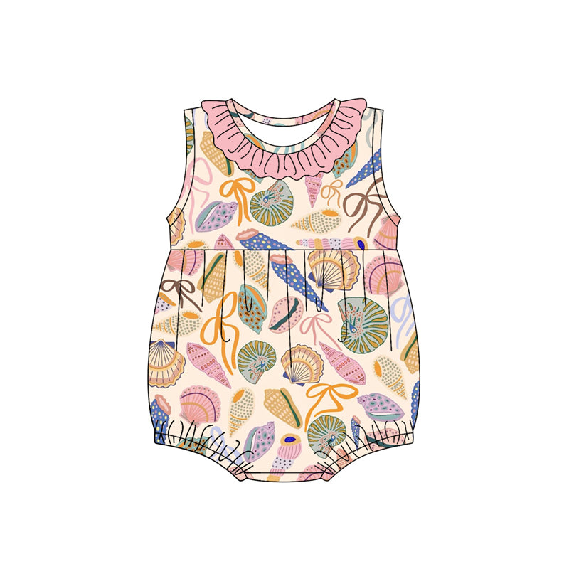 Preorder (moq 5)Baby Girls Pink Sleeveless Colorful Bows Shell Ruffle Rompers