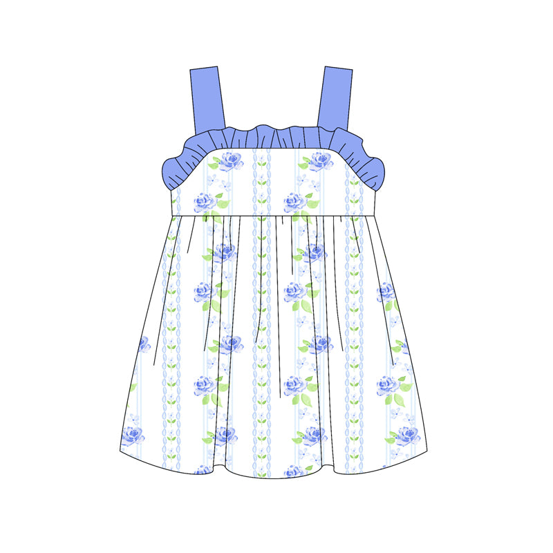 Preorder (moq 5)Baby Girls Blue Strap Floral Stripe Knee Length Dress