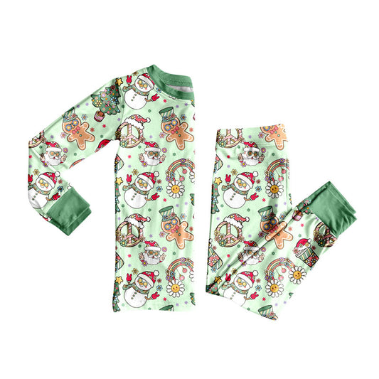 Preorder (moq 20)Baby Boys Bamboo Green Trees Gingerbread Snowmen Christmas Pajamas Sets