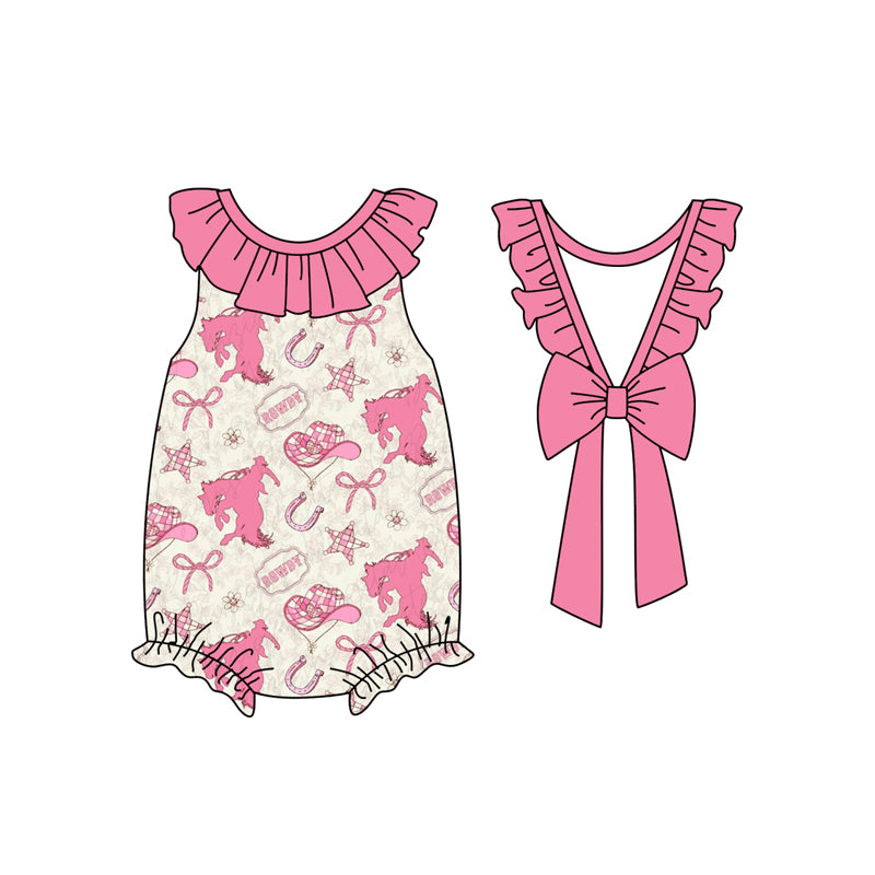 Preorder(moq 5)Baby Infant Girls Pink Sleeveless Horse Rodeos Backless Bow Ruffle Rompers