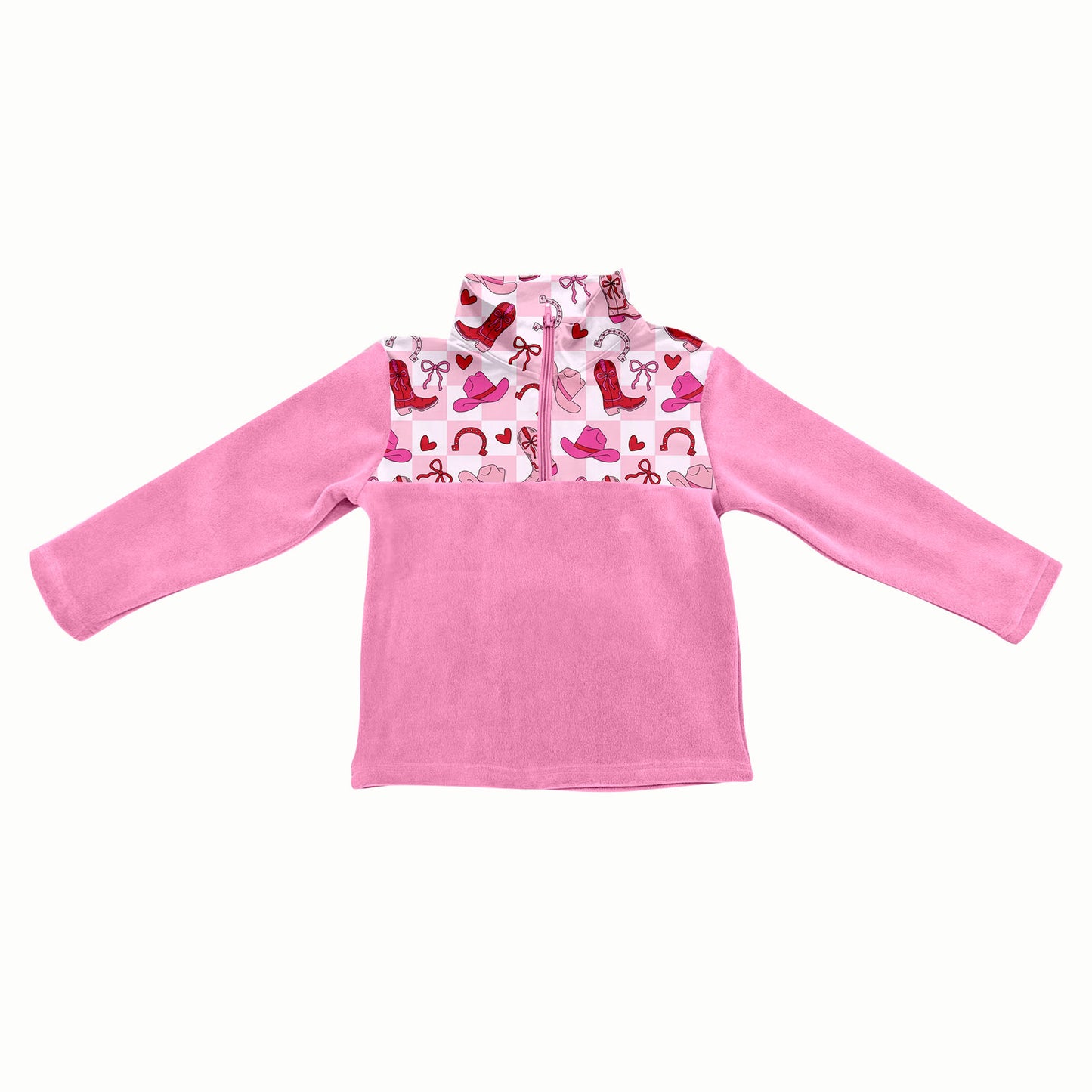 Preorder(moq 5) Baby Girls Boots Hearts Half Zipper Western Valentines Pullovers Sweater Tops