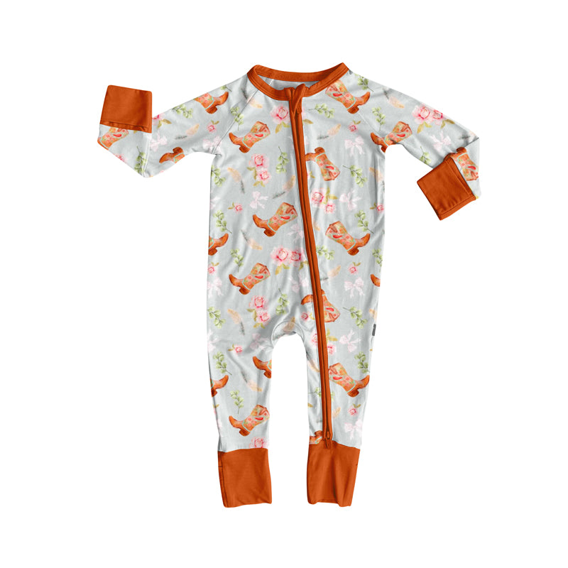 Preorder (moq 5)Baby Girls Long Sleeves Boots Flowers Bows Zipper Pant Rompers