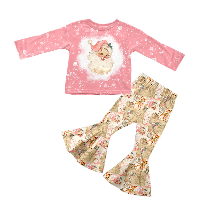 Preorder (moq 5)Baby Girls Pink Long Sleeves Santa Deer Top Bell Bottom Pant Set