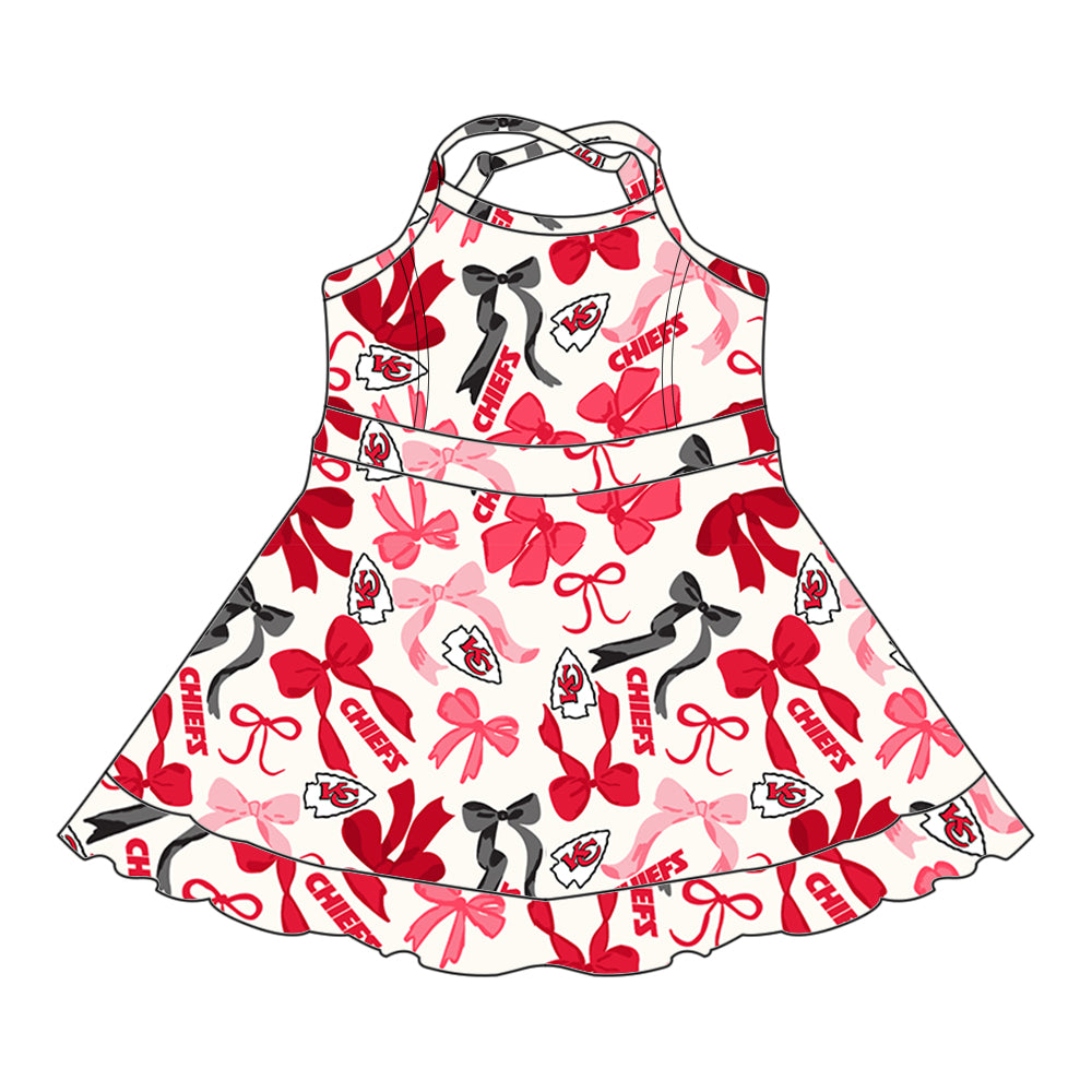 Preorder (moq 5)Baby Girls Strap Pink Bows Plaid KC Chiefs Short Ruffle Team Knee Length Dresses