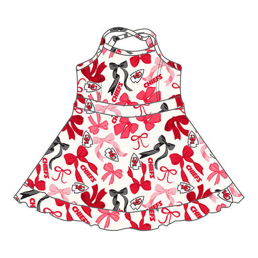 Preorder (moq 5)Baby Girls Strap Pink Bows Plaid KC Chiefs Short Ruffle Team Knee Length Dresses
