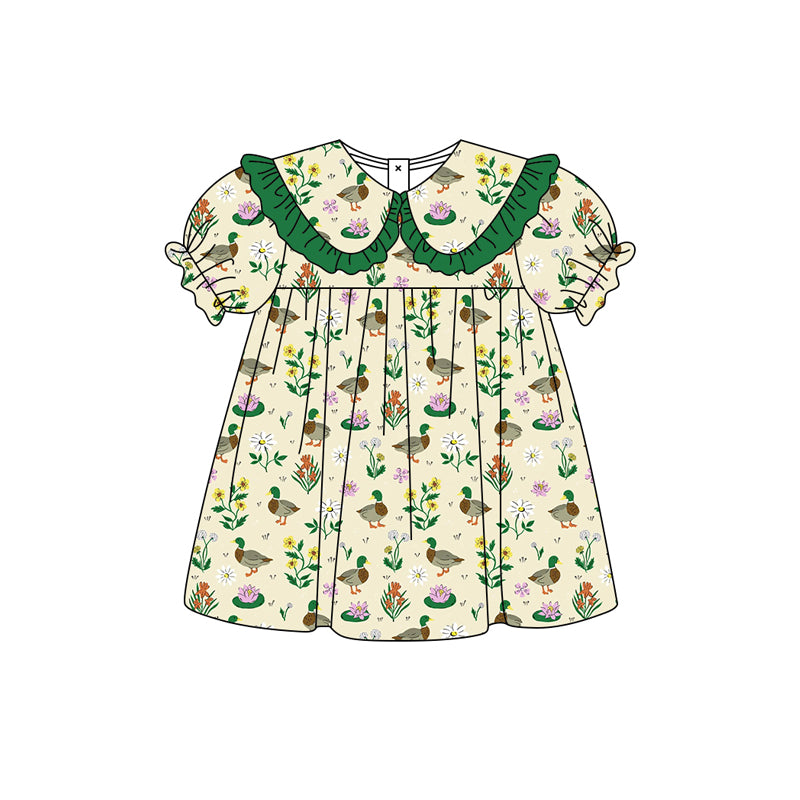 Preorder moq 5 Baby Girls Green Ducks Flowers Collar Knee Length Dresses