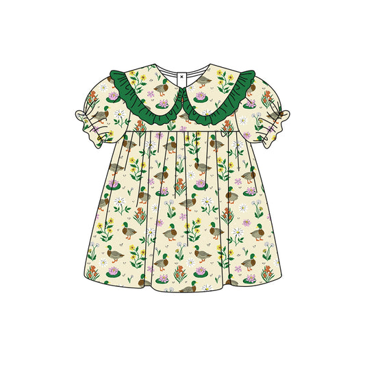 Preorder moq 5 Baby Girls Green Ducks Flowers Collar Knee Length Dresses