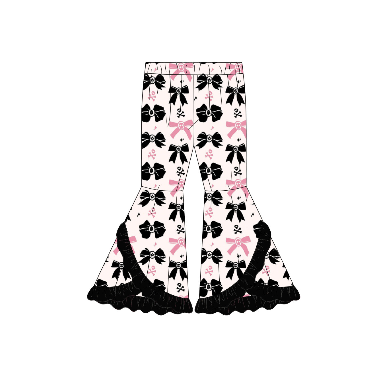 Preorder (moq 5)Baby Girls Bows Ghost Pumpkins Halloween Double Ruffle Bell Bottom Pants